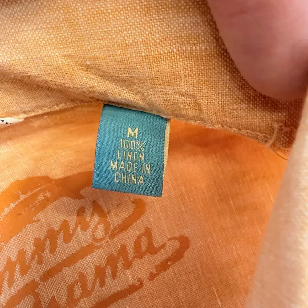Tommy Bahama Mens Medium 100% Linen Camp Shirt Peach Embroidered Short Sleeve